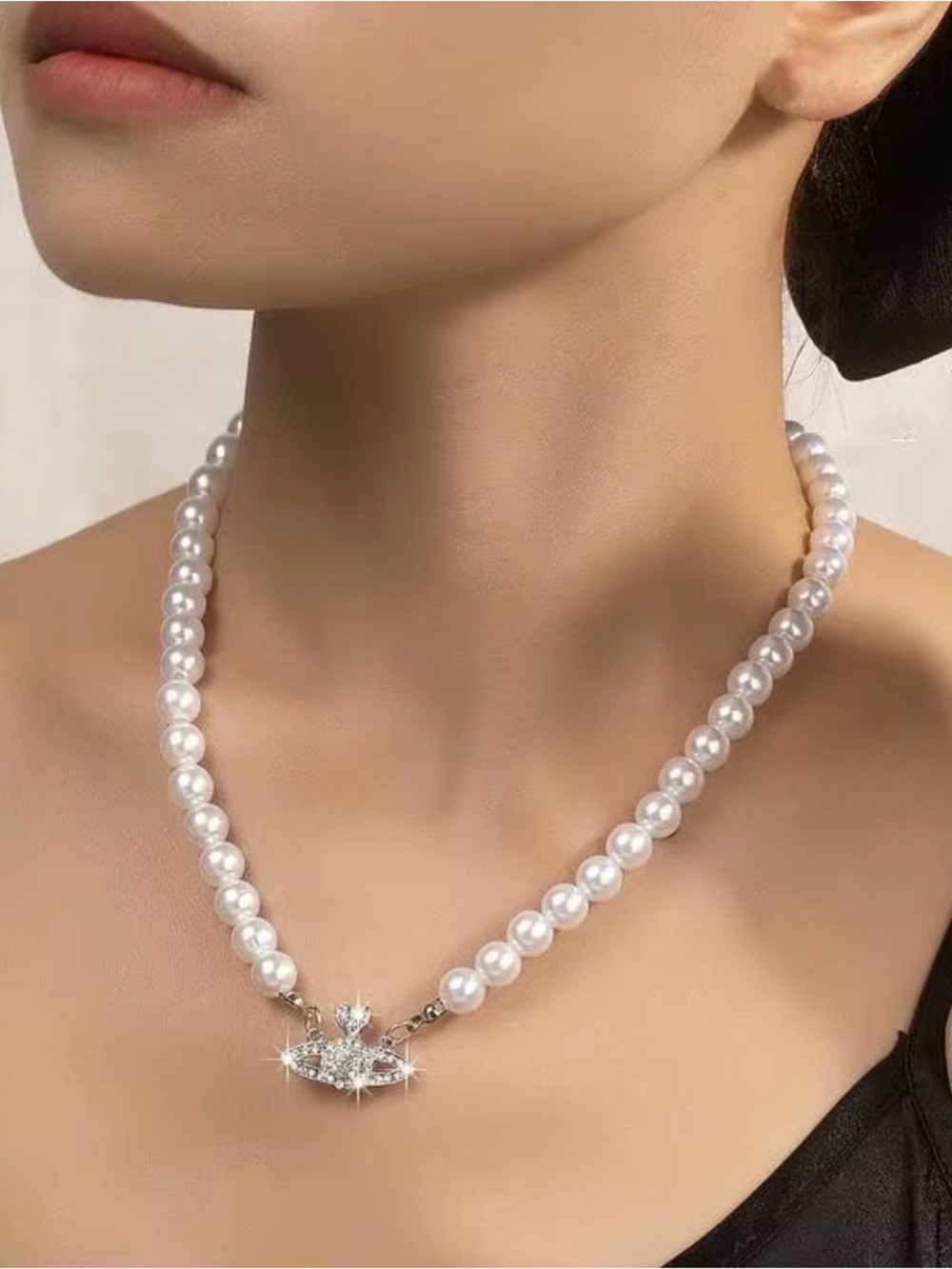 White Pearl Necklace with Crystal Orb Pendant